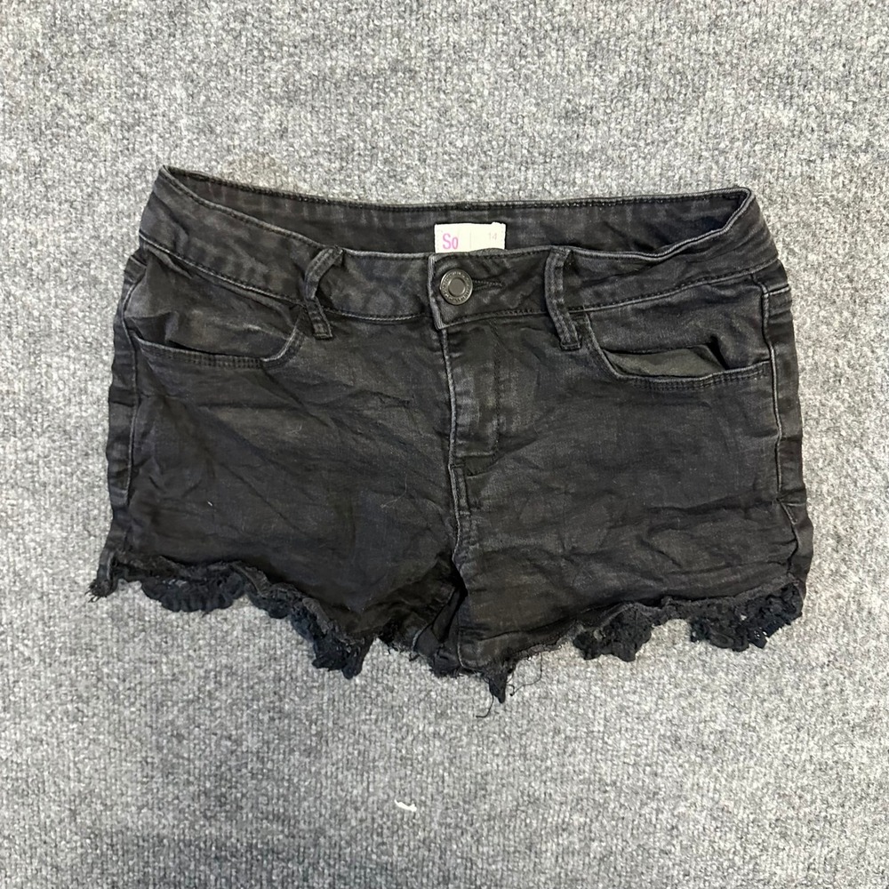 So Denim Shorts Girls Size 14 Black Faded Crochet Lace Trim Raw Hem Casual